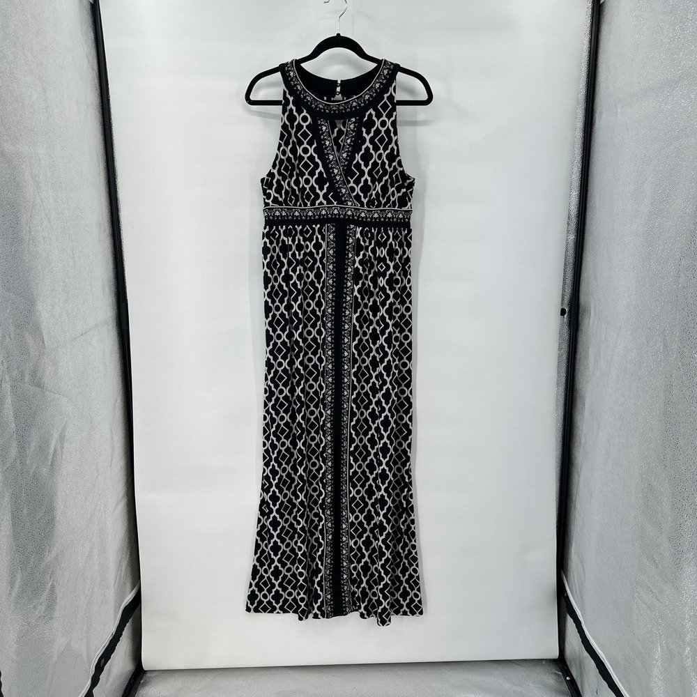 Indie Boho Maxi Dress XL Black White Geometric Empire Waist INC Artsy Resort